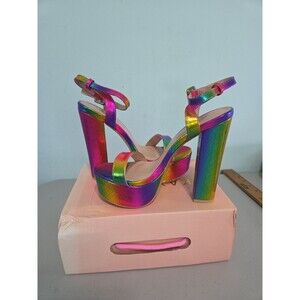 Platform Sandals Rainbow Colors Open Toe Thick High Heels Pumps Buckle new 6.5
